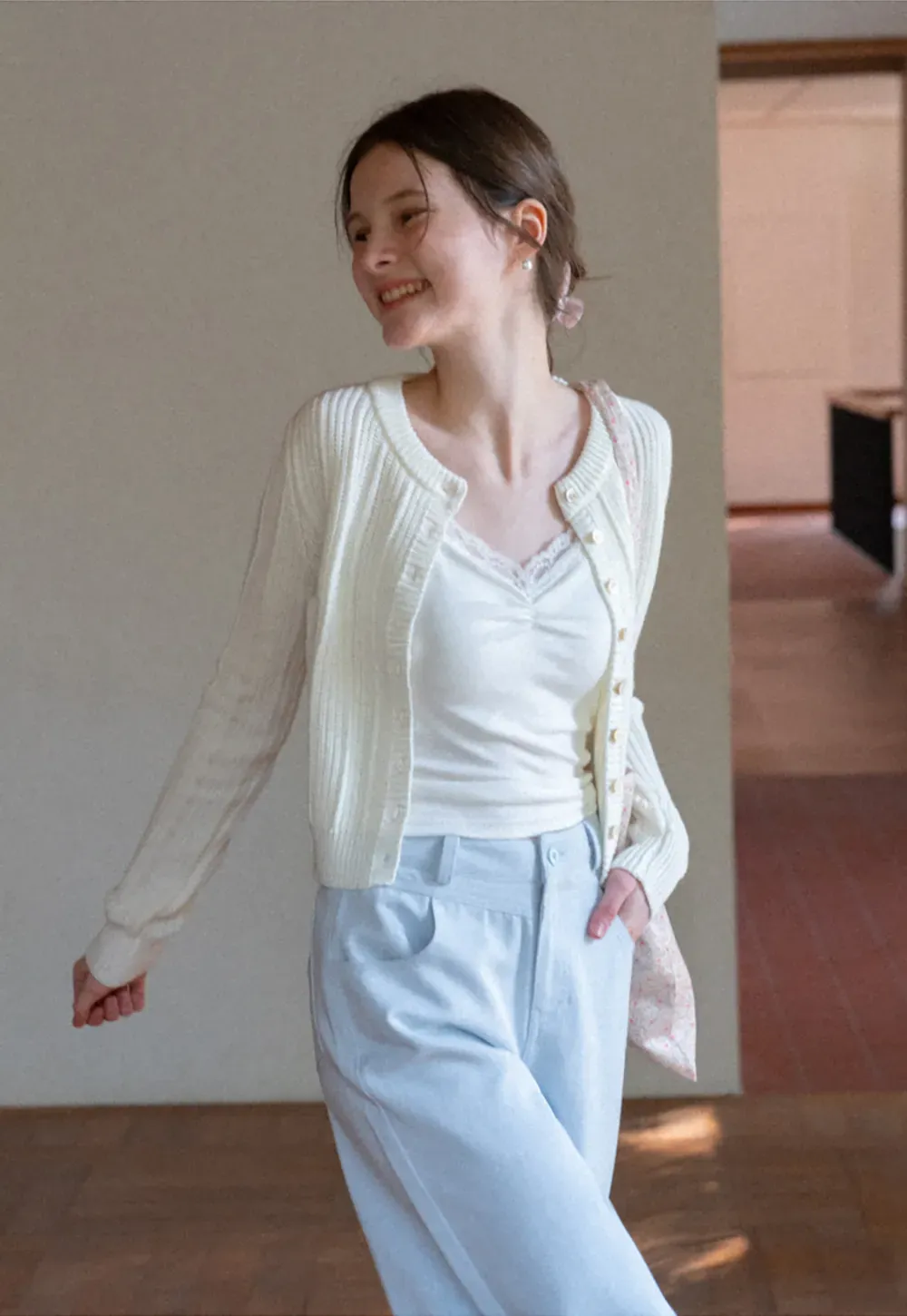 Lace Trimmed V Neck Camisole with Ruched Detail