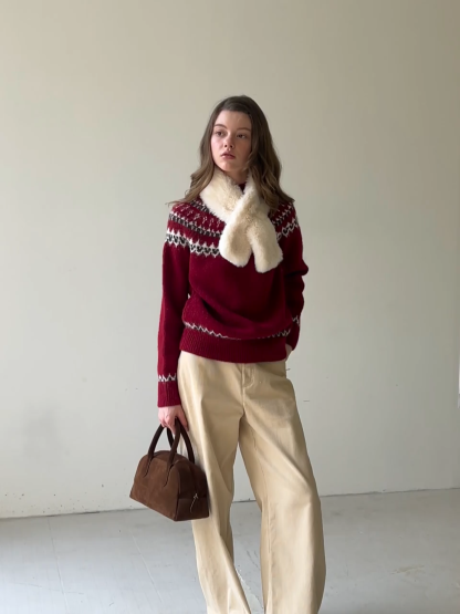 Red Knit Sweater with Fair Isle Pattern