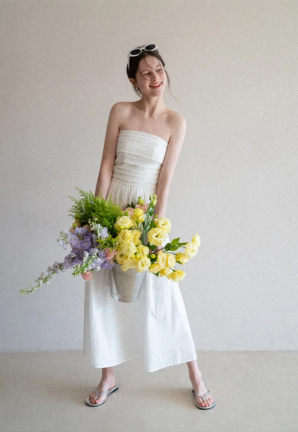 Strapless A-line Midi Dress with Ruched Bodice