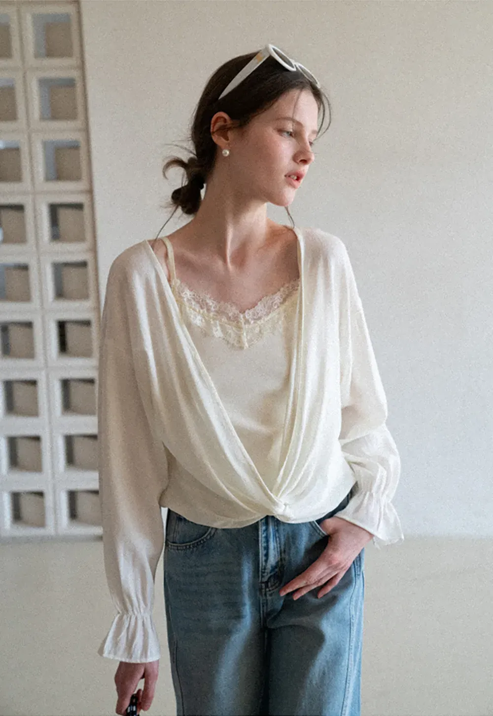 Lace Trimmed V Neck Long Sleeve Wrap Shirt