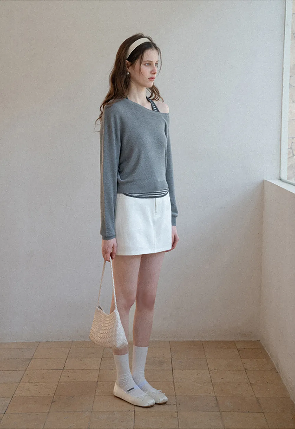 Off Shoulder Long Sleeve Knit Sweater with Striped Trim