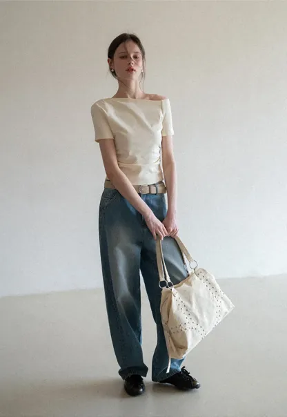 Off shoulder short sleeve fitted t shirt