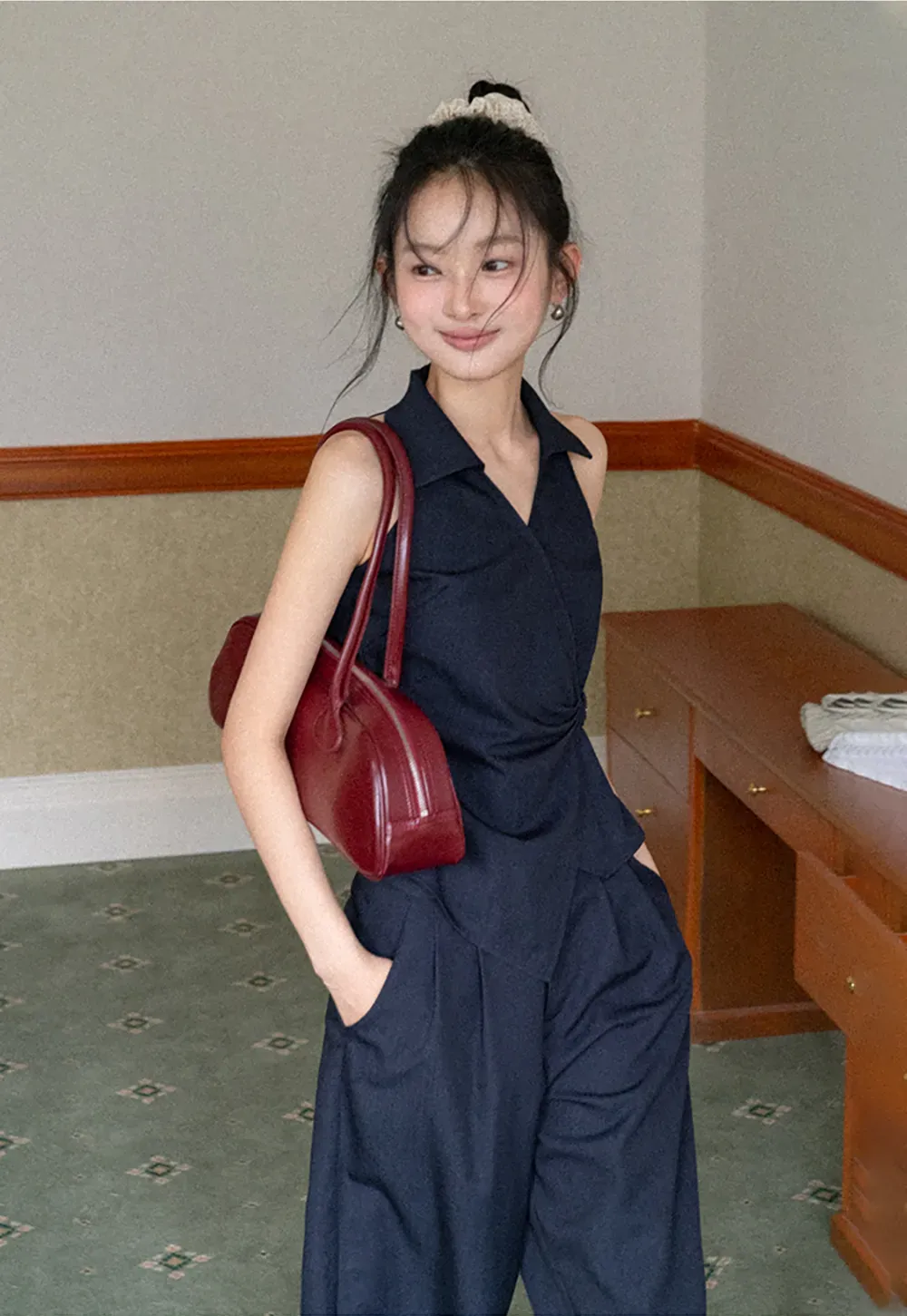 Sleeveless Collared Top with Wrap Detail and Wide Leg Pants