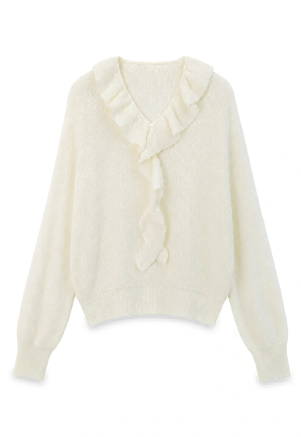 Ruffled V Neck Knit Sweater