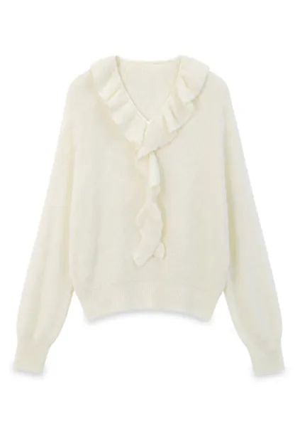 Ruffled V Neck Knit Sweater