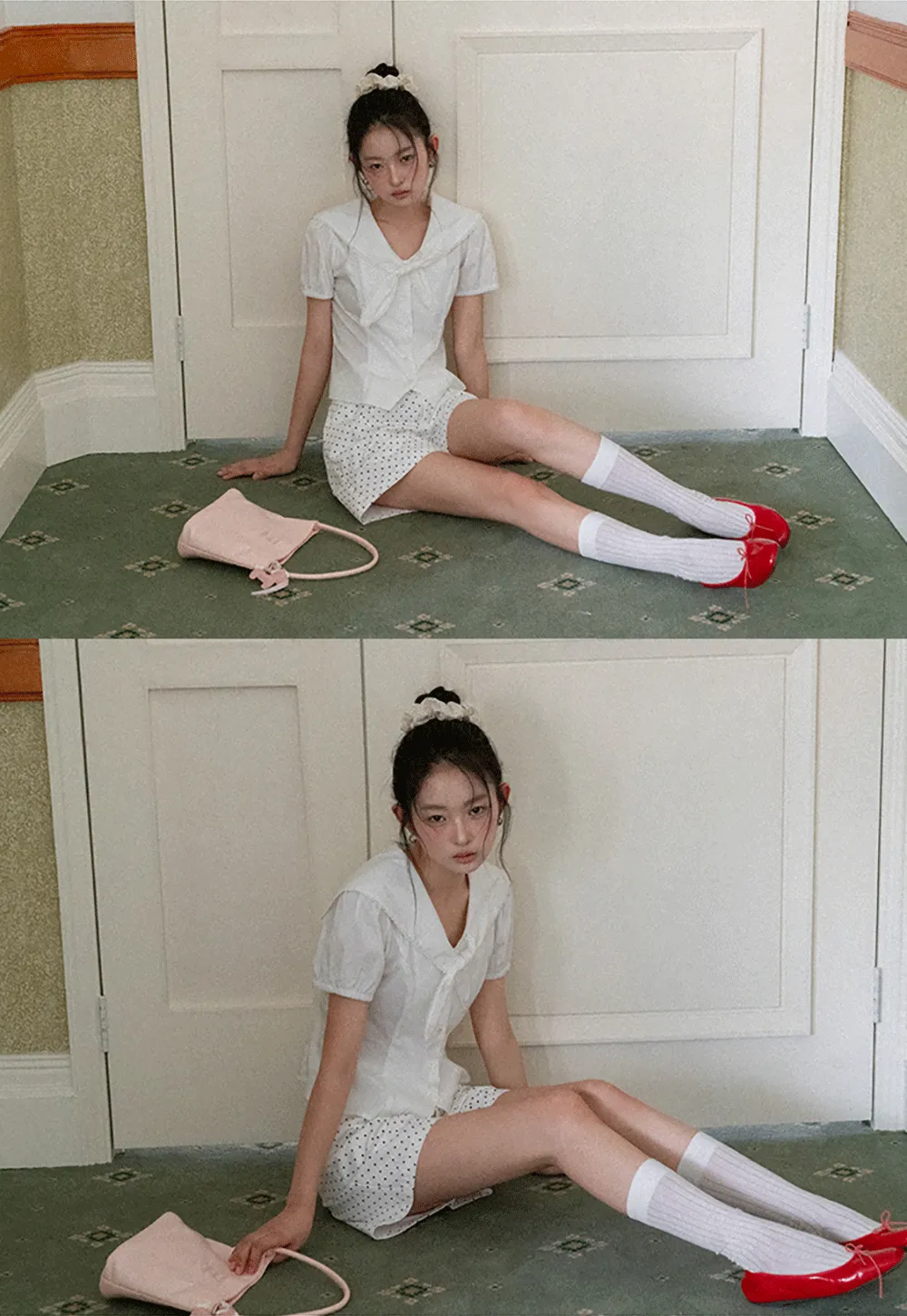 Short Sleeve Shirt with Collar and Bow Detail