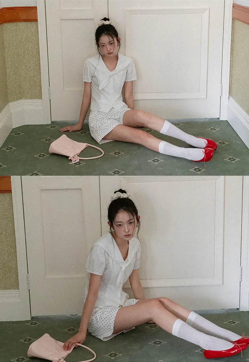 Short Sleeve Shirt with Collar and Bow Detail