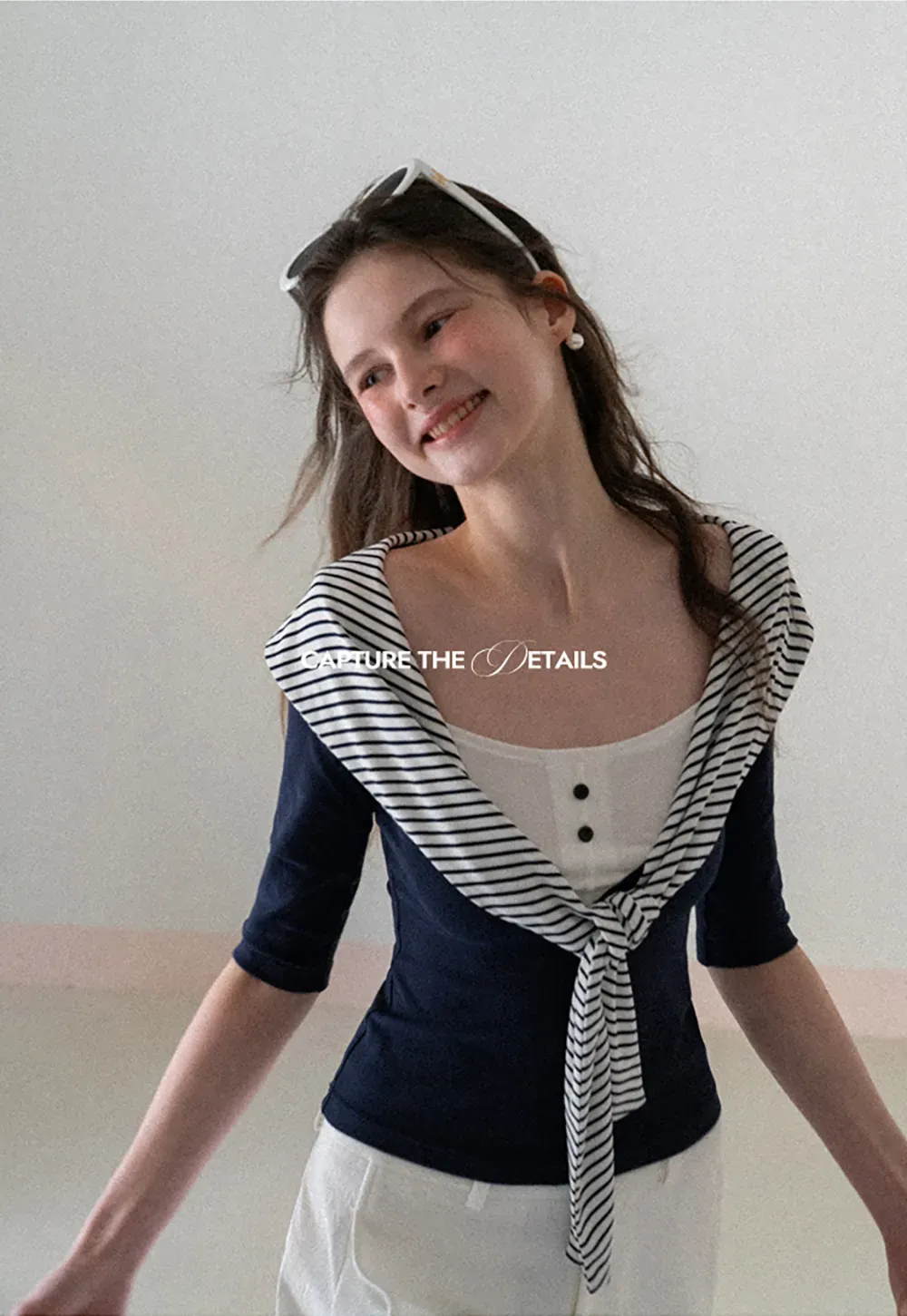 Striped collar tie front short sleeve top