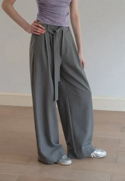 Wide leg casual pants with waist tie