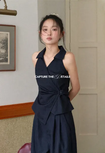 Sleeveless Collared Top with Wrap Detail and Wide Leg Pants