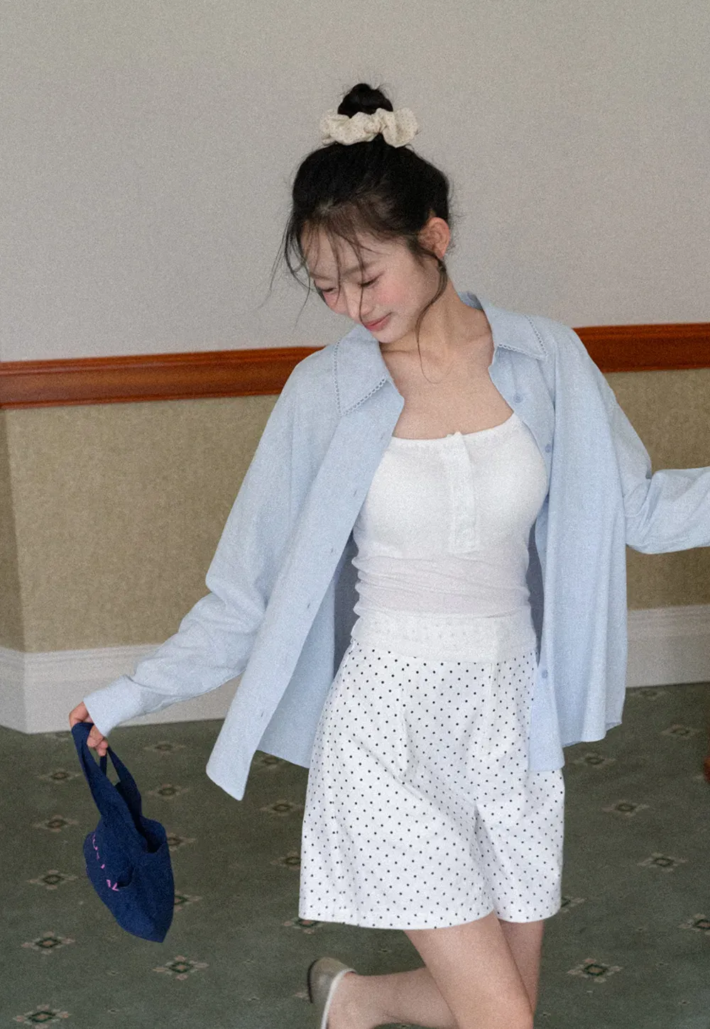 Lightweight long sleeve button front shirt with lace trim