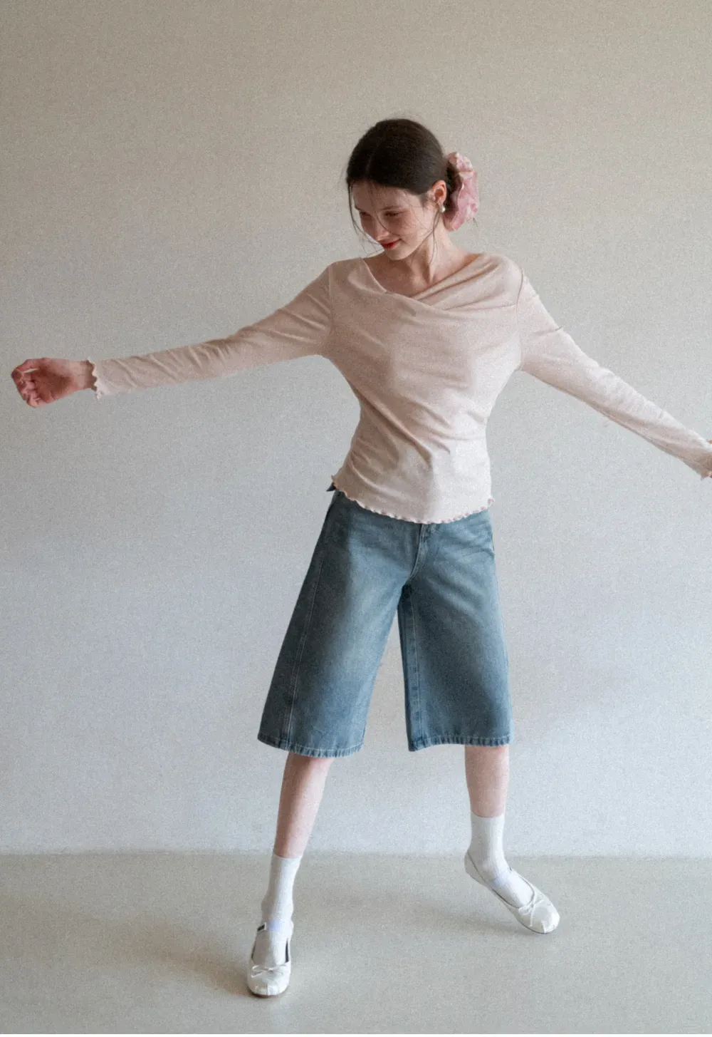 Wide Leg Denim Shorts with Belt and Back Pockets