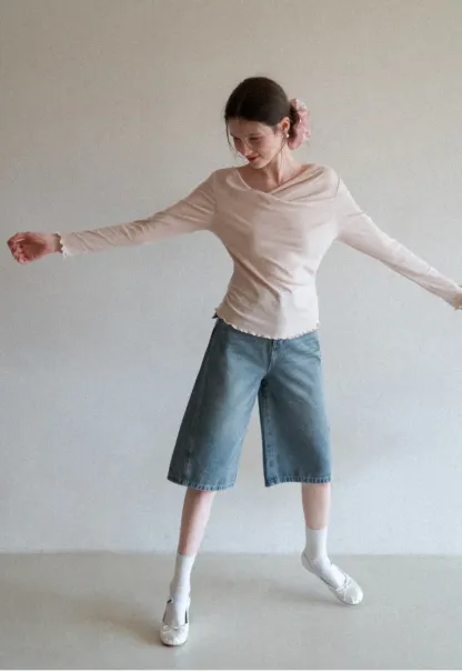 Wide Leg Denim Shorts with Belt and Back Pockets