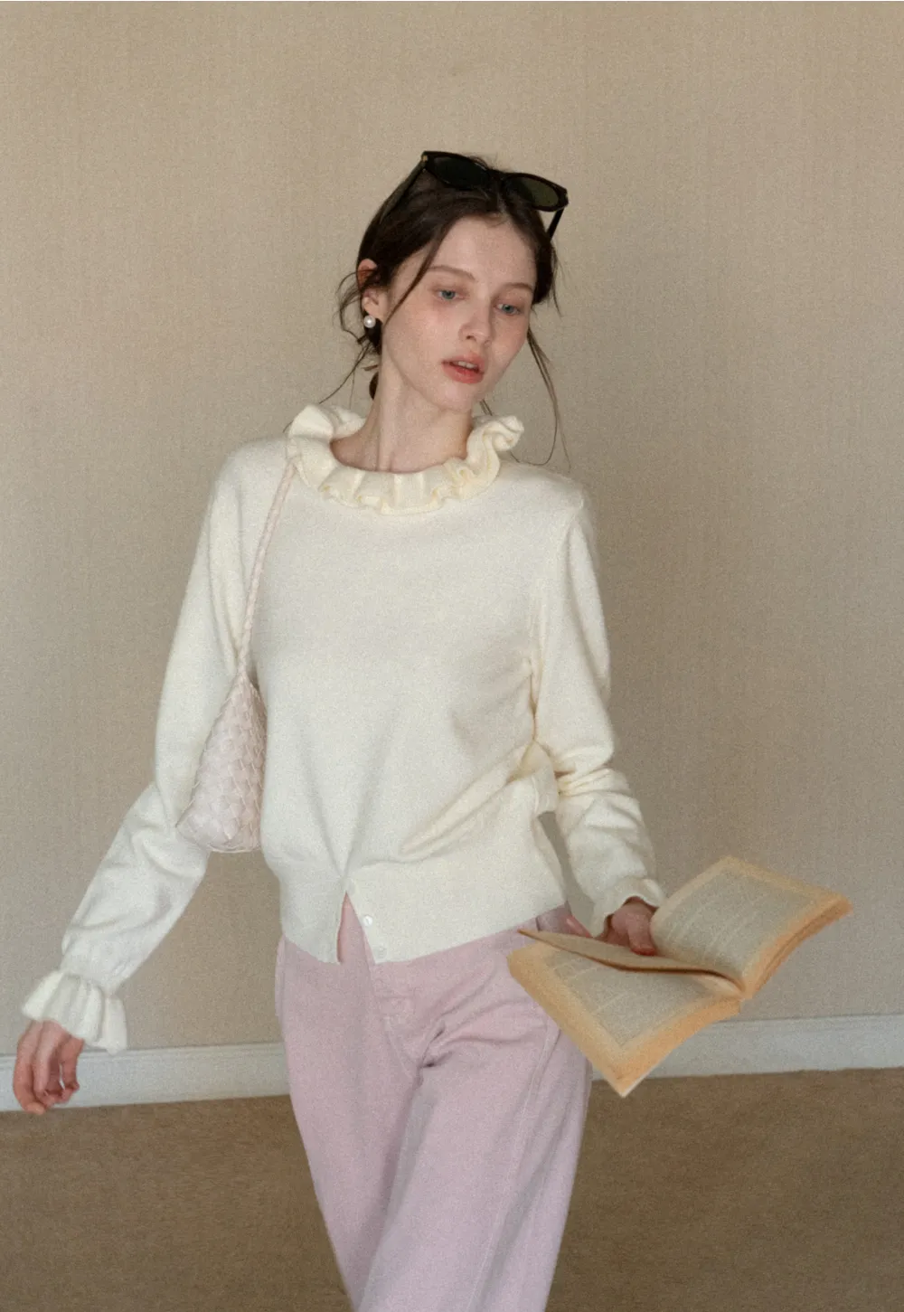 Elegant Ruffle Detail Knit Sweater with Flared Cuffs and Neckline