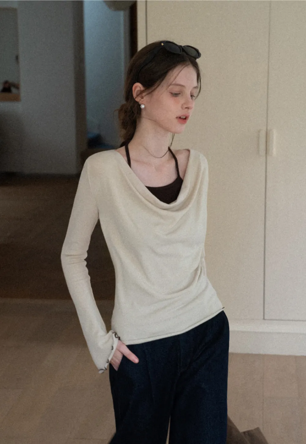 Beige Long-Sleeve Top with Ruffled Hem and Bow Tie Back