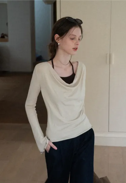 Beige Long-Sleeve Top with Ruffled Hem and Bow Tie Back