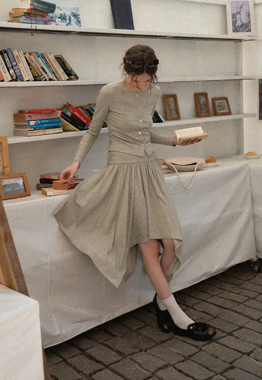 Long sleeve button front top and asymmetrical skirt