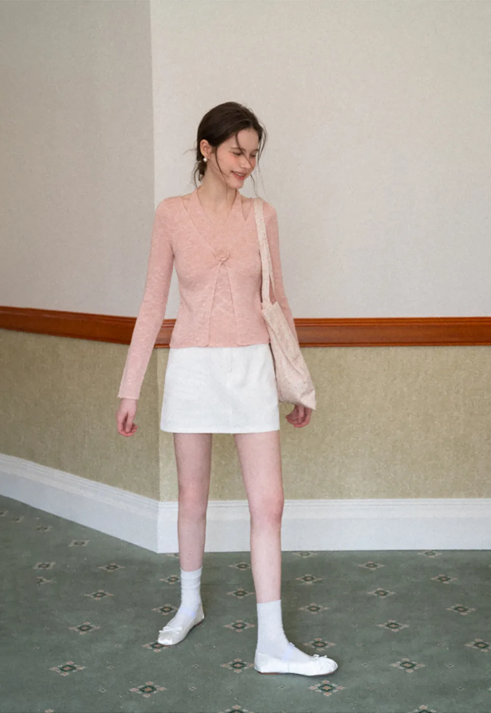 V Neck Knit Sweater with Floral Button Detail