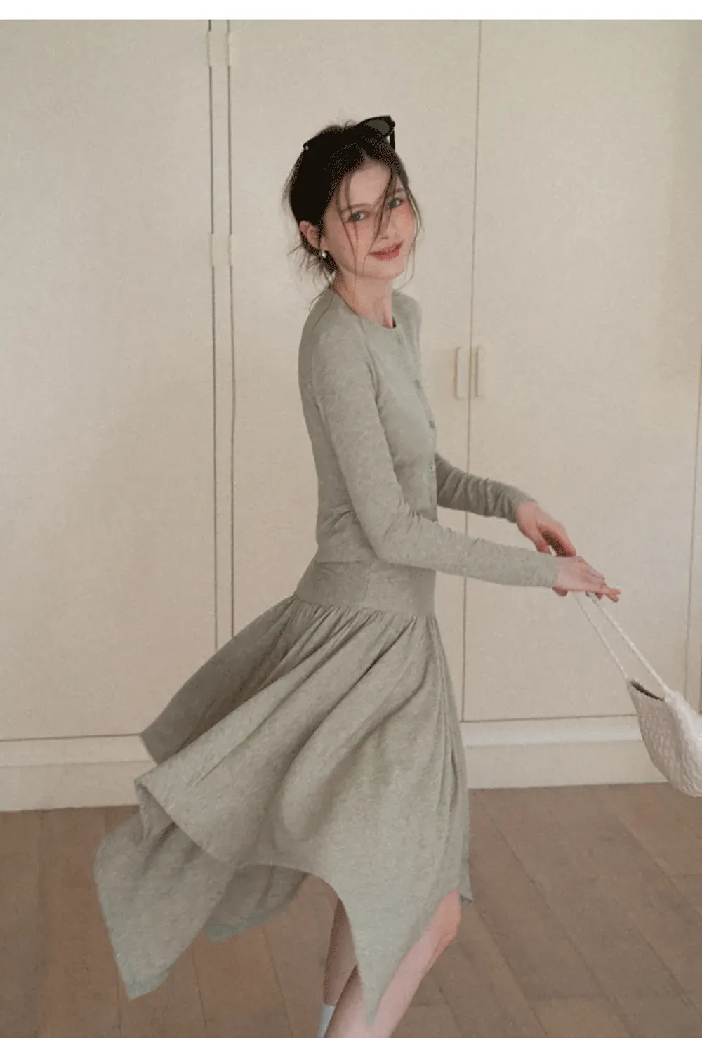 Long sleeve button front top and asymmetrical skirt