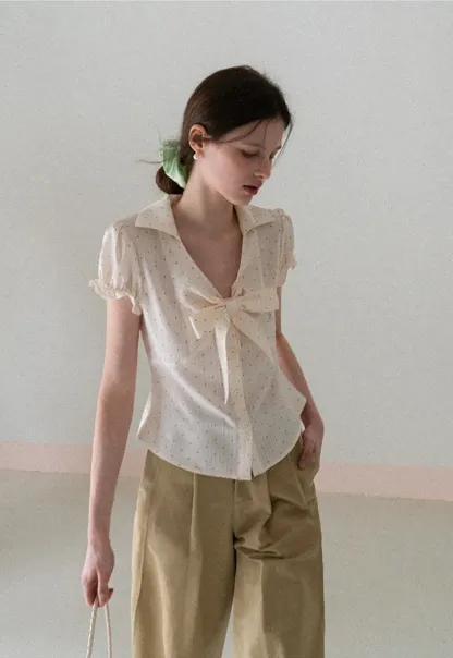 Short Sleeve Shirt with Bow Detail and Polka Dots