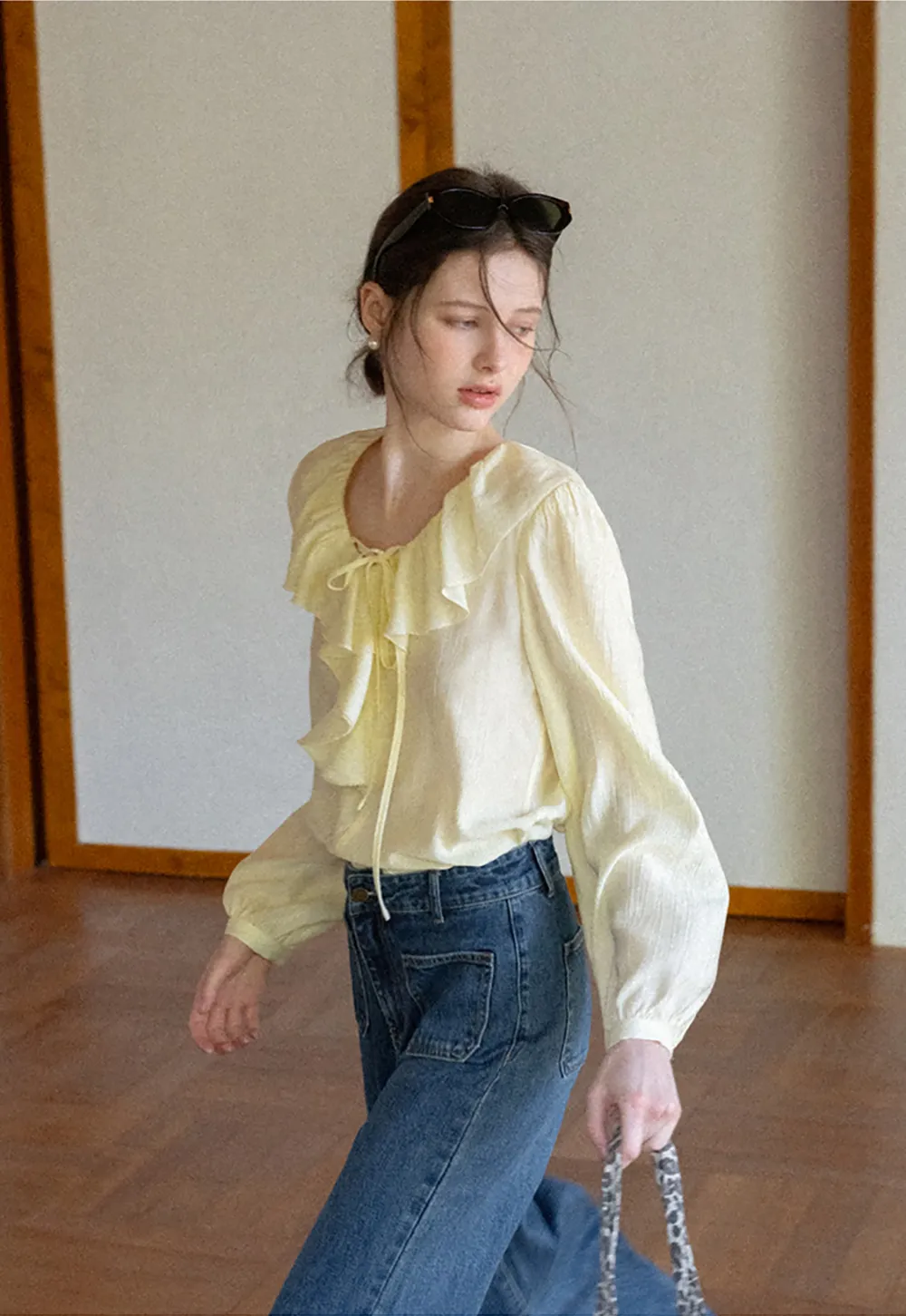 Ruffled Collar Long Sleeve Blouse with Tie Front