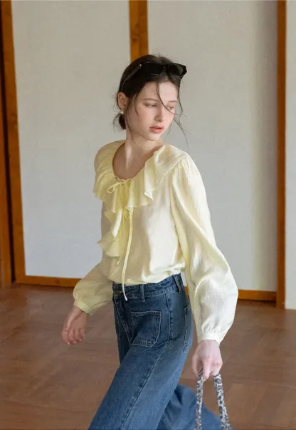 Ruffled Collar Long Sleeve Blouse with Tie Front