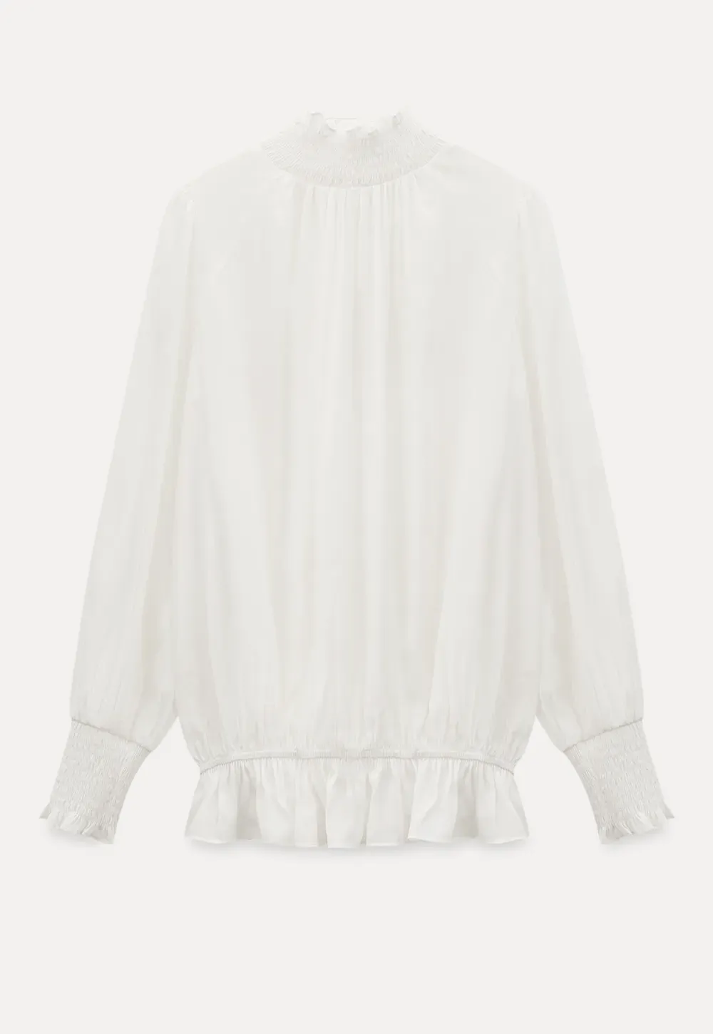 Elegant High Neck Blouse with Ruffled Cuffs and Hem