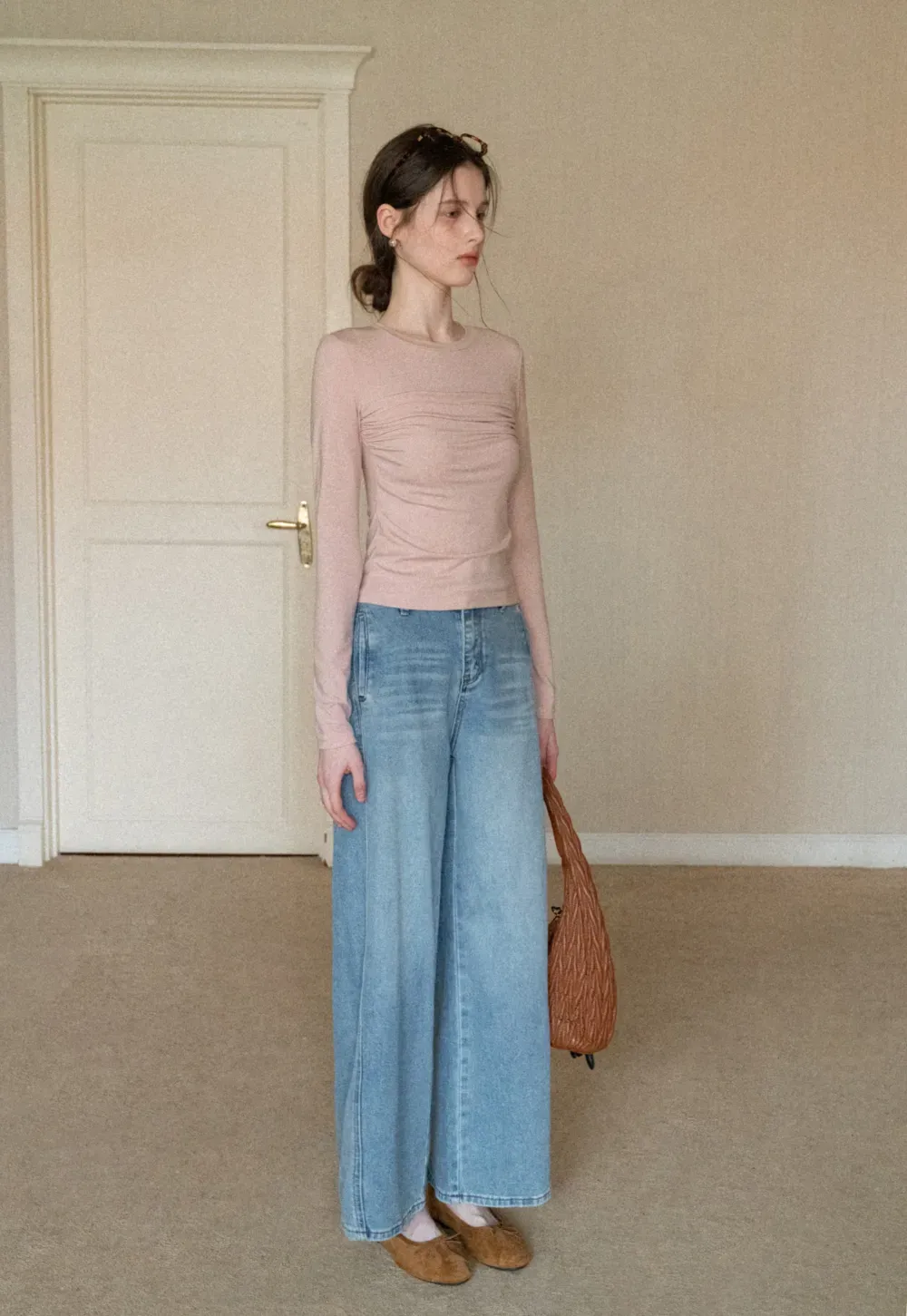 Ruched Long Sleeve T-Shirt with Gathered Detail