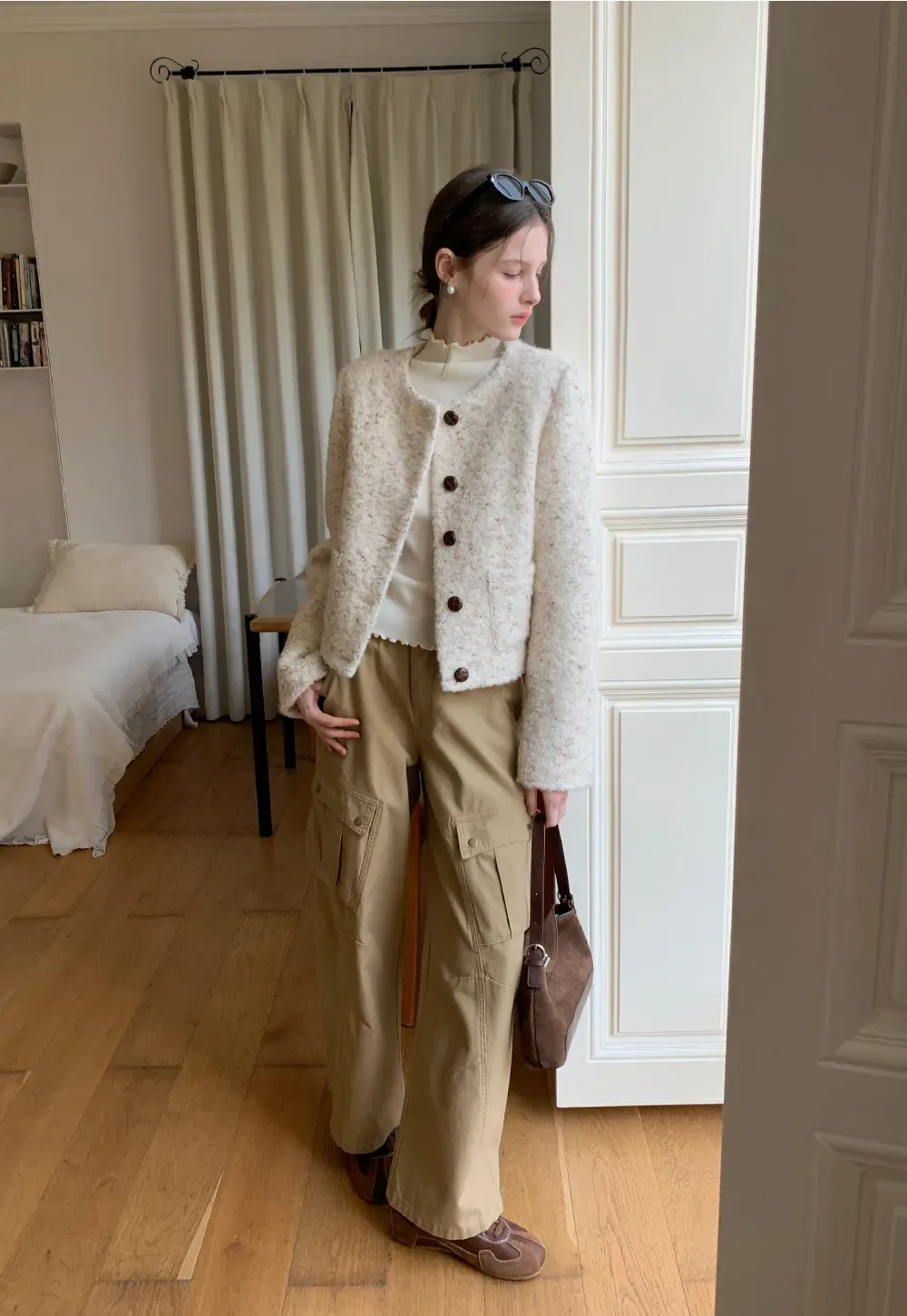 Textured Short Jacket with Long Sleeves and Round Neck