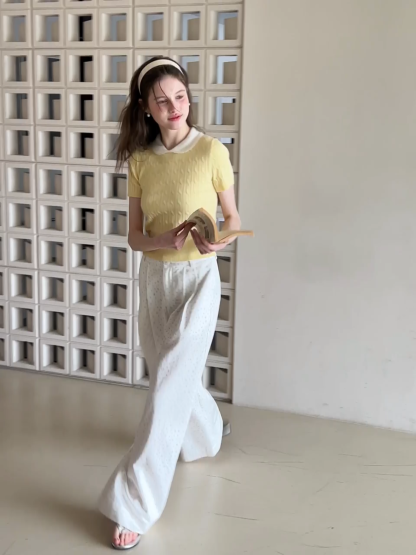 Cable Knit Short Sleeve Sweater with Collar