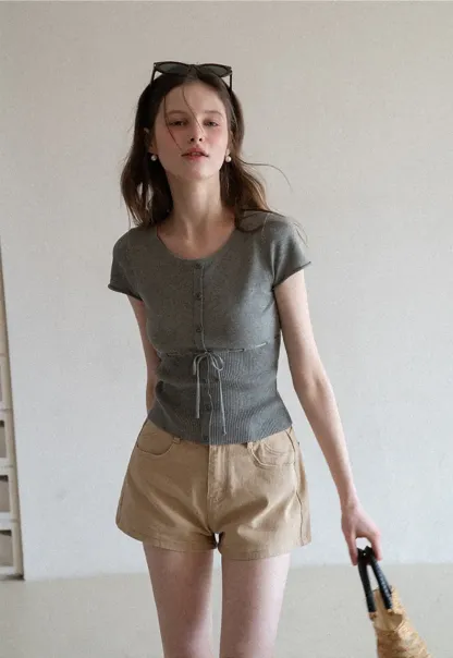 Short Sleeve Knit Cardigan with Front Buttons and Waist Tie