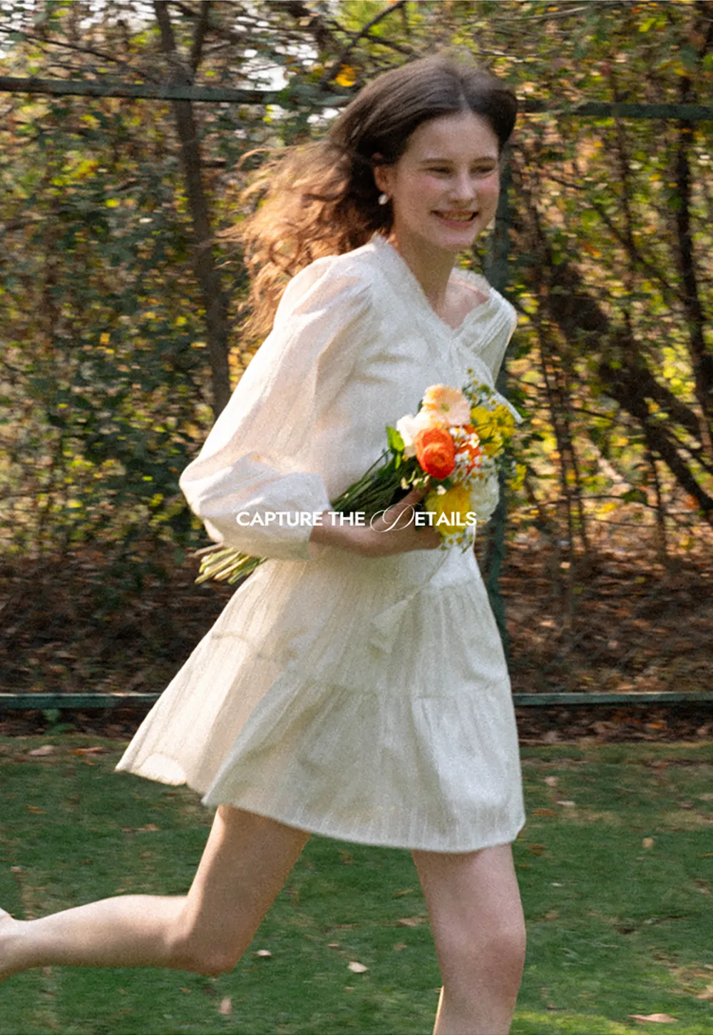 V neck long sleeve tiered dress with lace trim