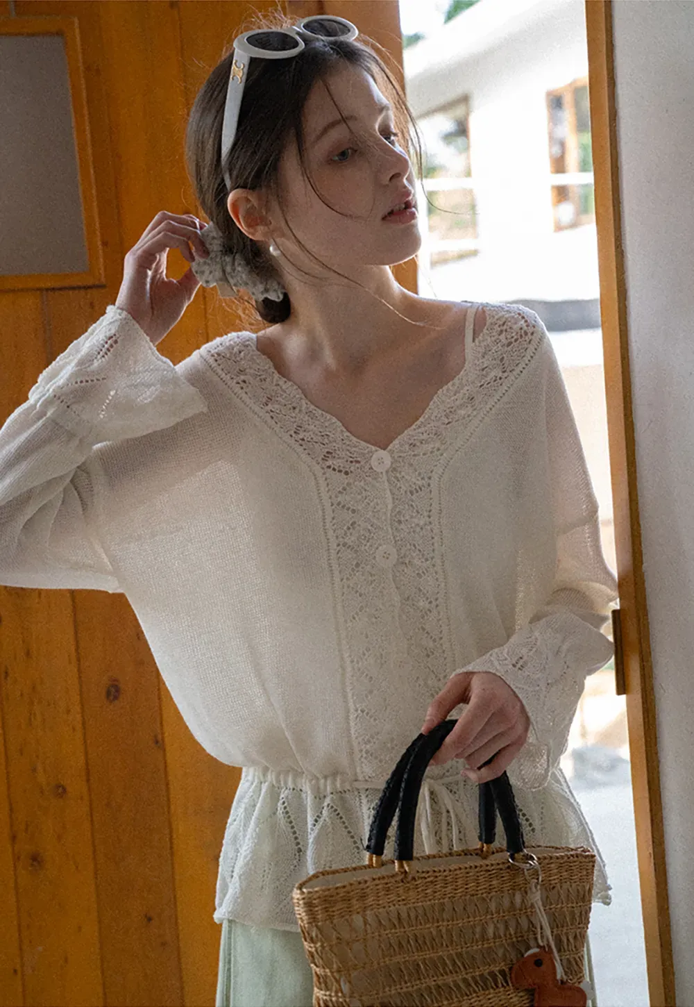 Lace Trimmed V Neck Knit Sweater with Drawstring Hem