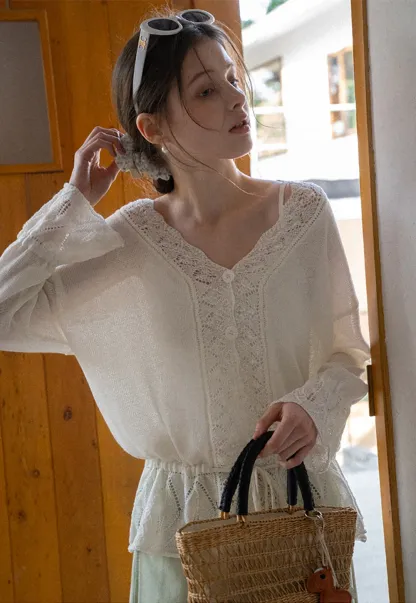 Lace Trimmed V Neck Knit Sweater with Drawstring Hem