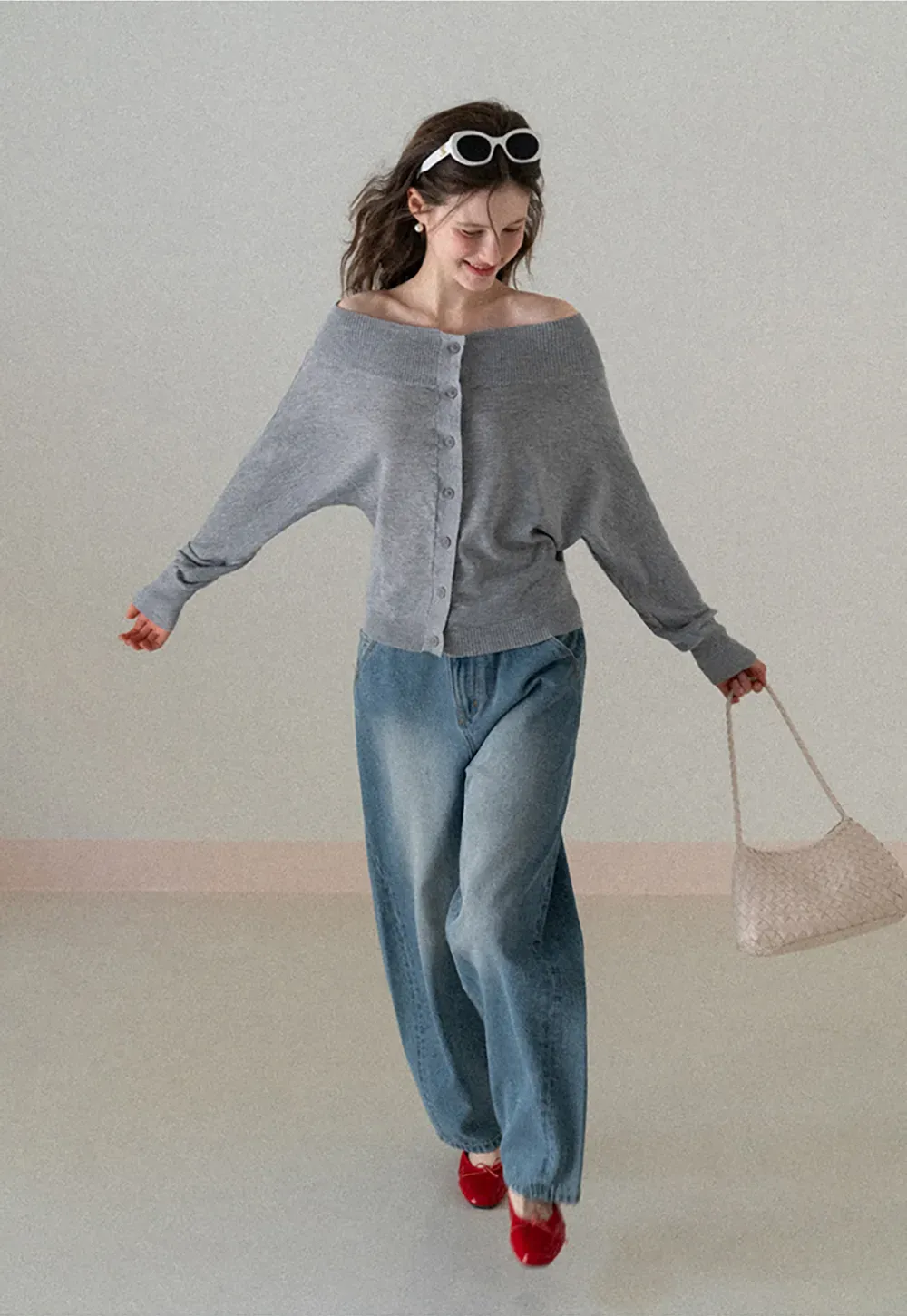 Off Shoulder Knit Cardigan with Button Front