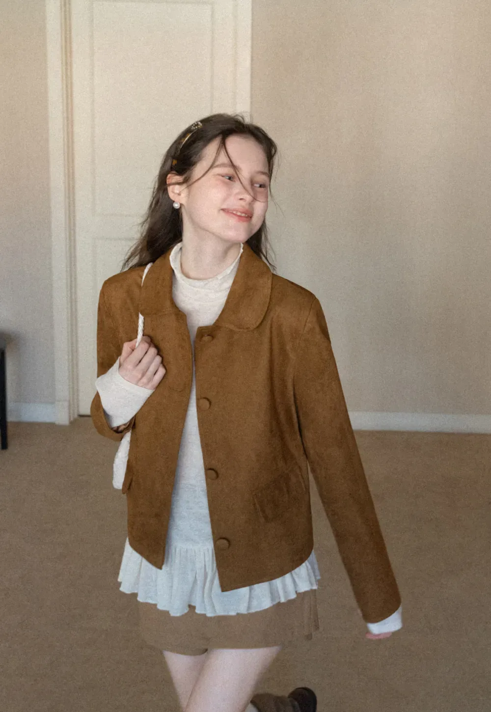 Soft Faux Suede Jacket with Button Closure and Collar Design