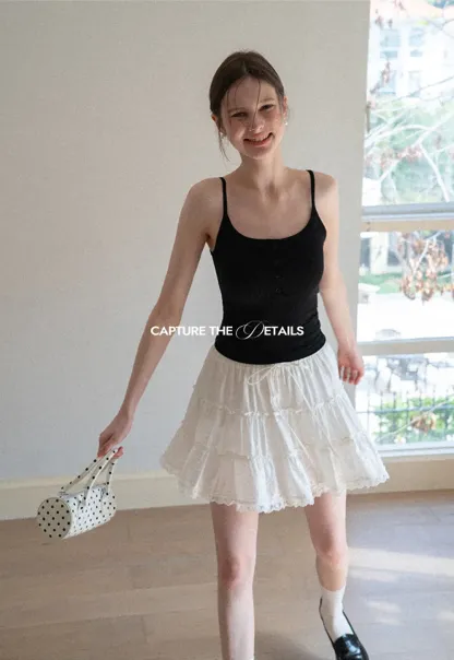 Tiered lace hem drawstring waist skirt