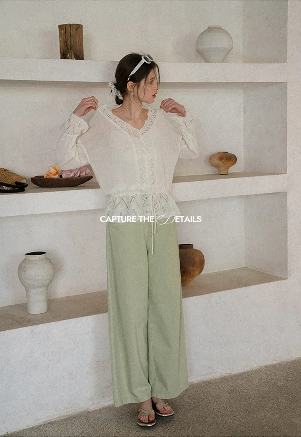 Lace Trimmed V Neck Knit Sweater with Drawstring Hem