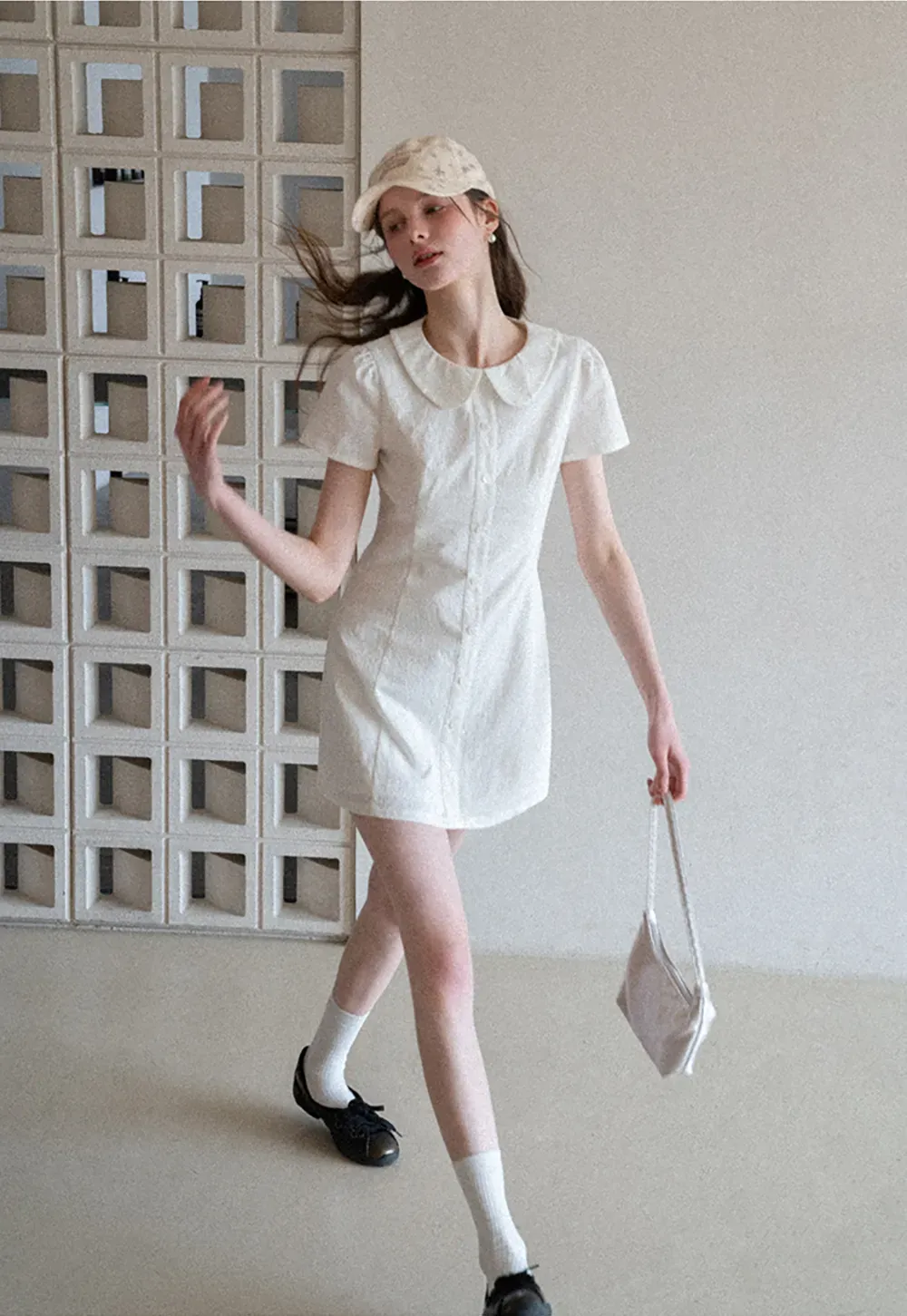 Button Front Dress with Peter Pan Collar and Short Sleeves