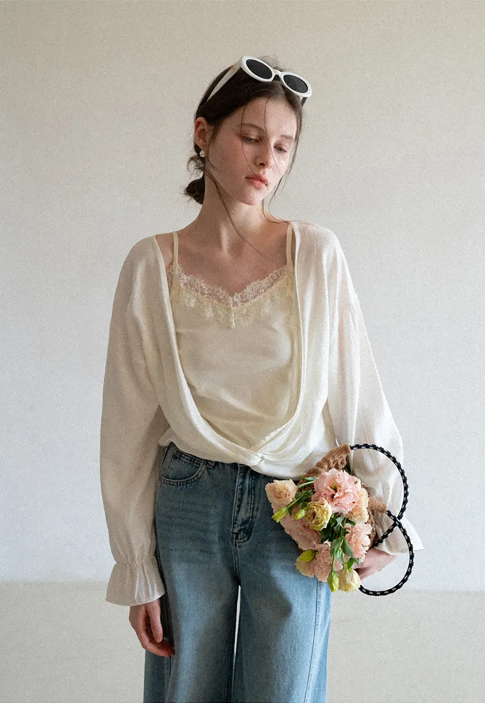 Lace Trimmed V Neck Long Sleeve Wrap Shirt