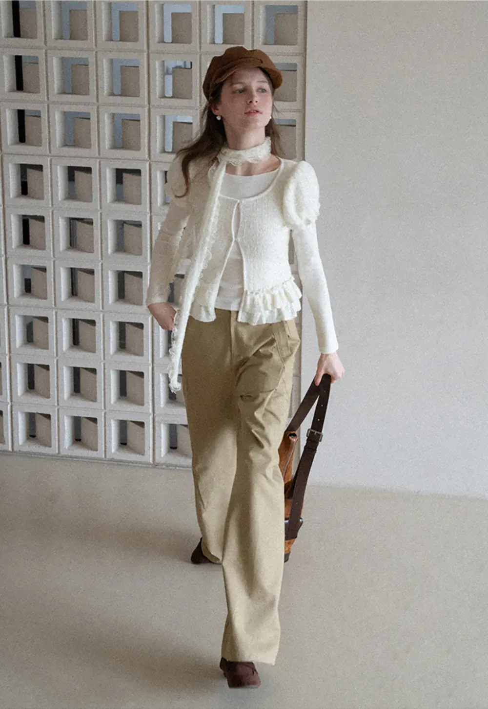 floral lace top with puffed sleeves and ruffled hem