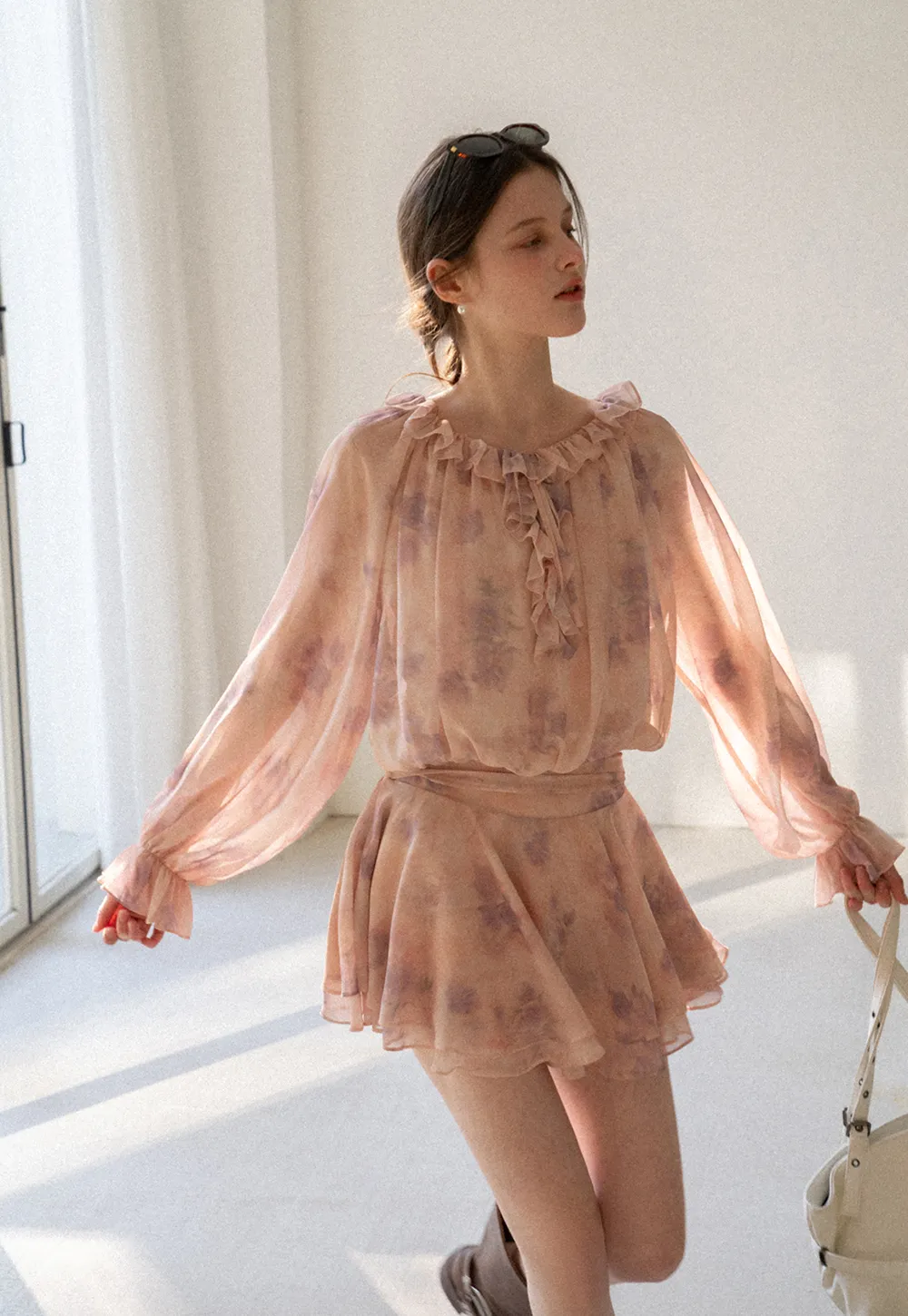 Floral Print Ruffled Neck Long Sleeve Dress