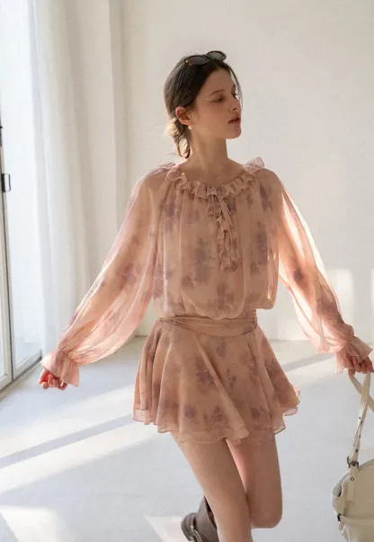 Floral Print Ruffled Neck Long Sleeve Dress