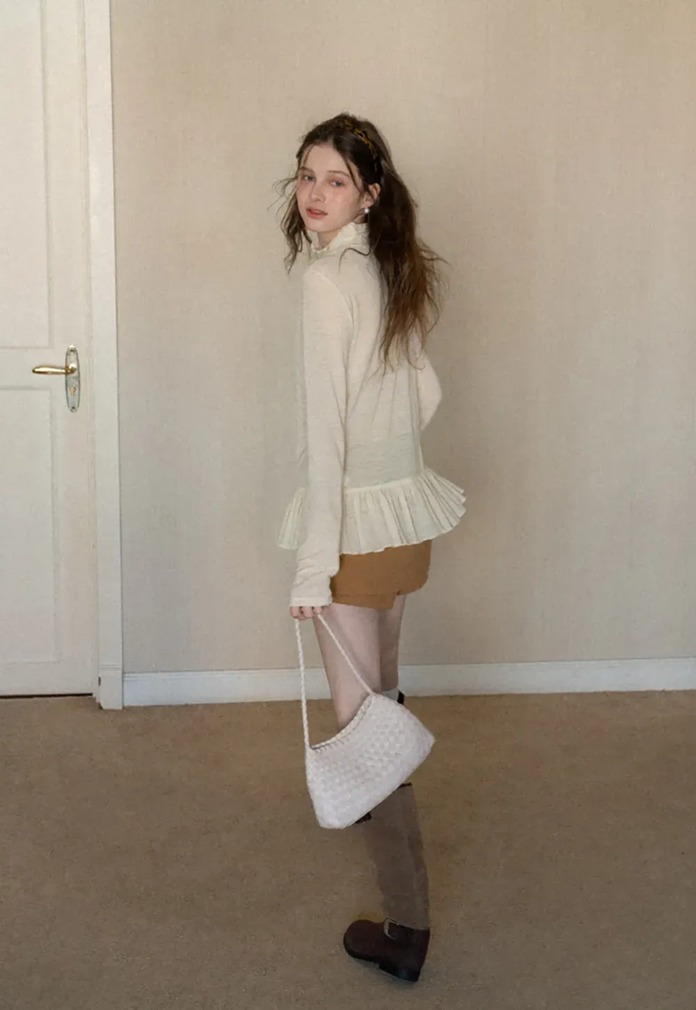 floral dot long sleeve top with ruffle hem