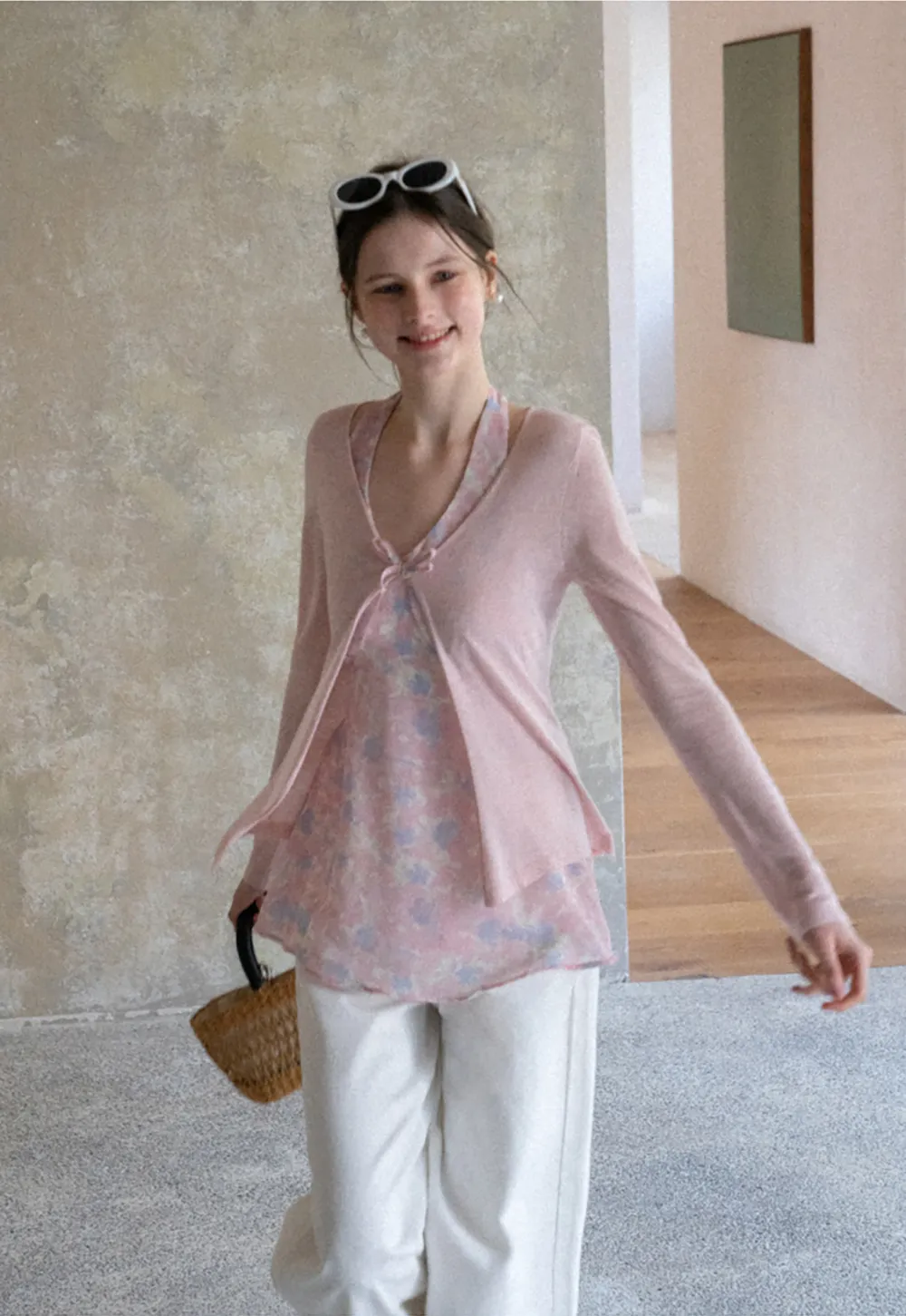 Woolen knit sweater with tie front and floral tank top