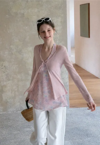 Woolen knit sweater with tie front and floral tank top