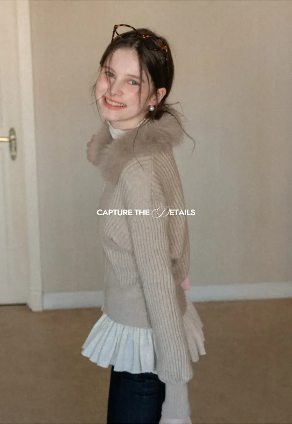 Ribbed knit sweater with fur collar detail