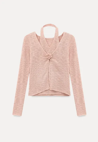 V Neck Knit Sweater with Floral Button Detail