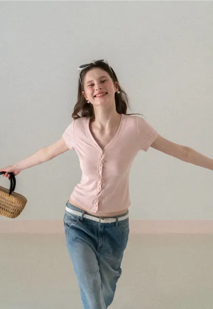 V neck short sleeve button front top