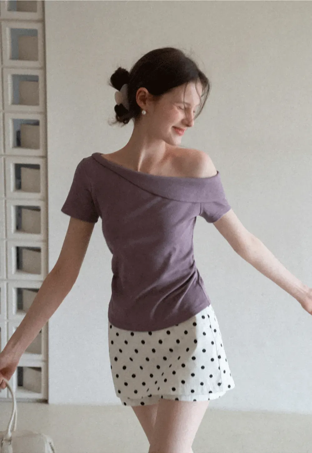 Polka dot off shoulder short sleeve tops